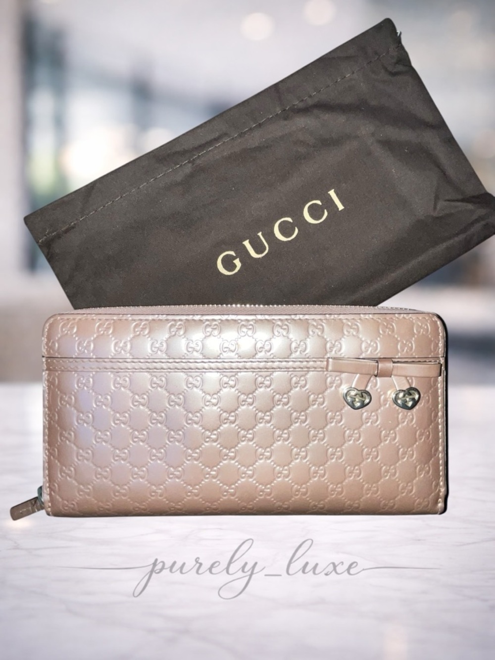 Authentic Gucci Patent Leather Zip-Around Wallet with Heart Charms- FREE COA
